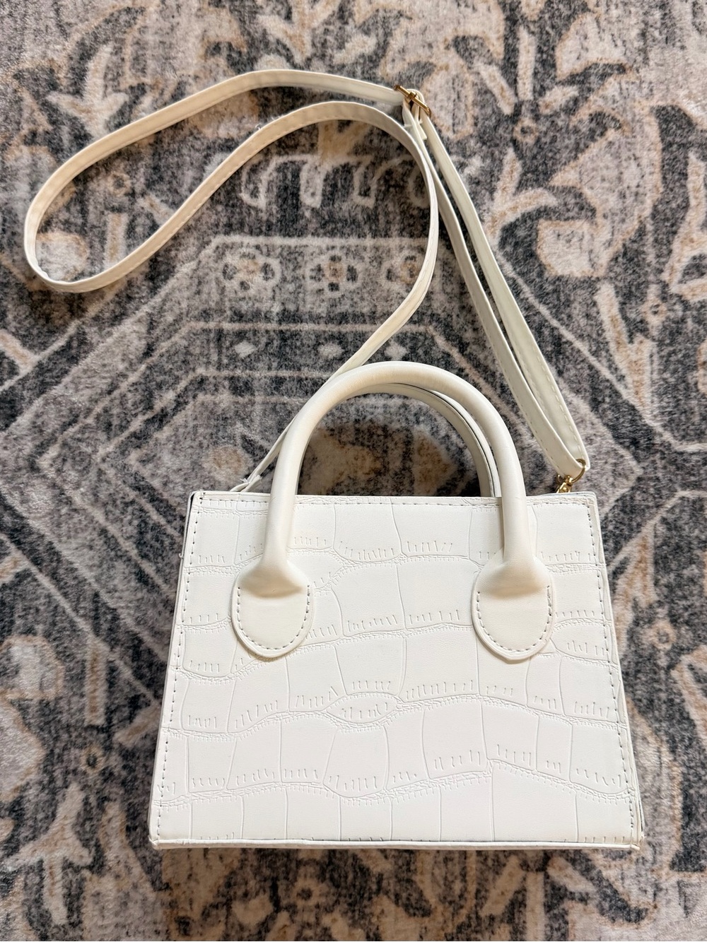 White Croc-Embossed Mini Crossbody Tote